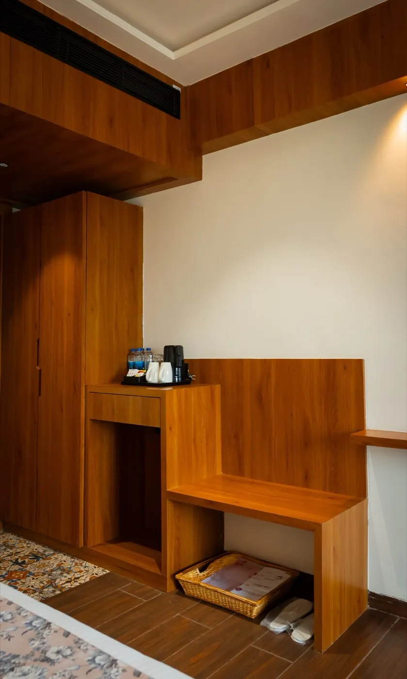 Family Premium room minibar and desk